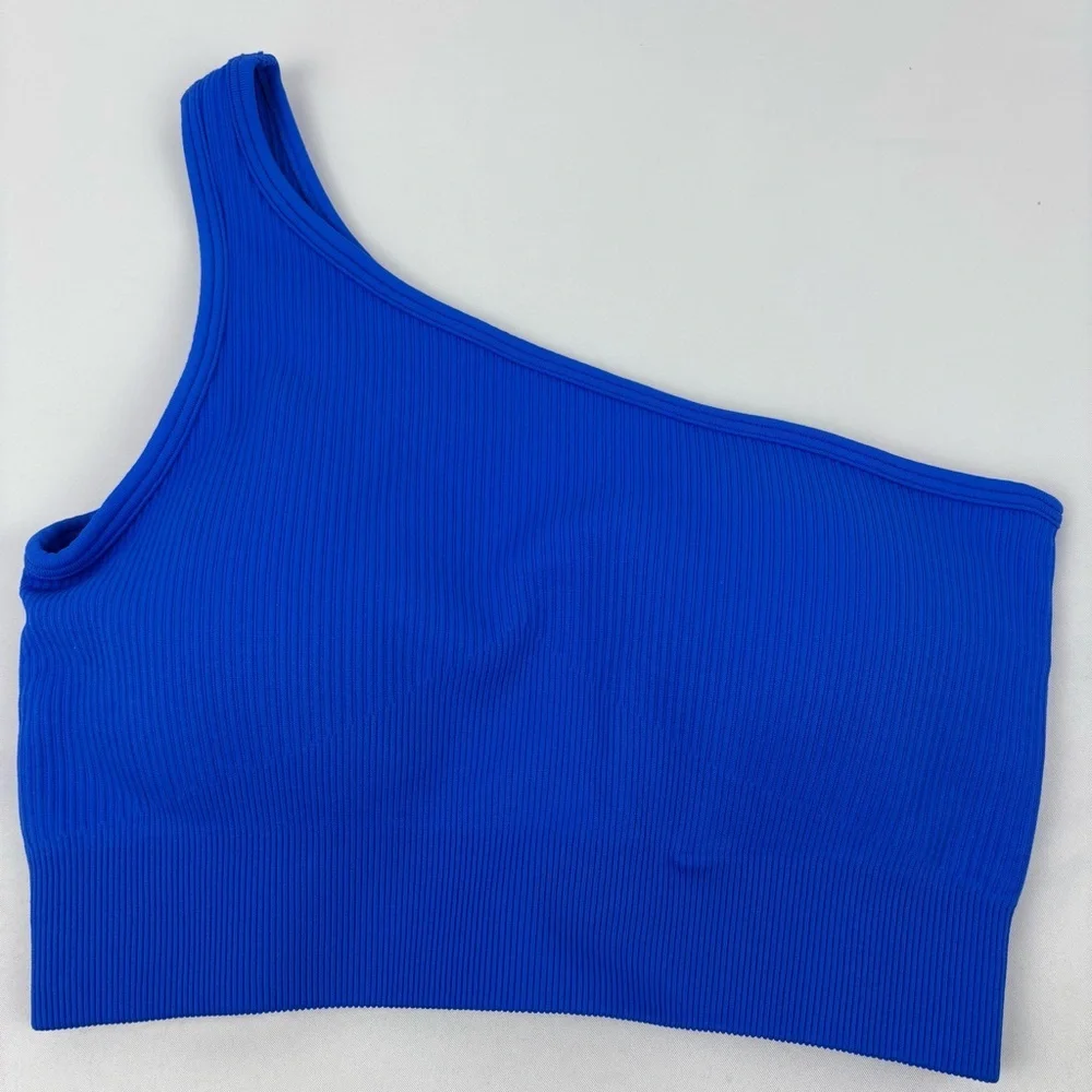 OQQ Vibrant Blue One-Shoulder Sports Bra Gym Yoga Activewear, Small